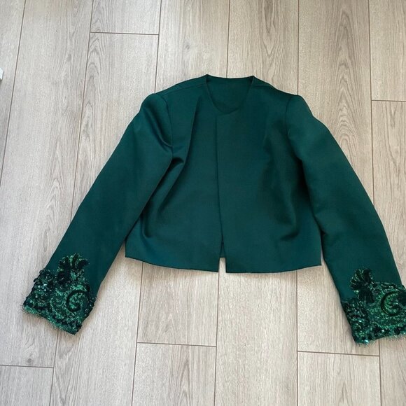 Victor Costa Women Cropped Suit Jacket Sequined Long Sleeve Open Front Green - Picture 2 of 12